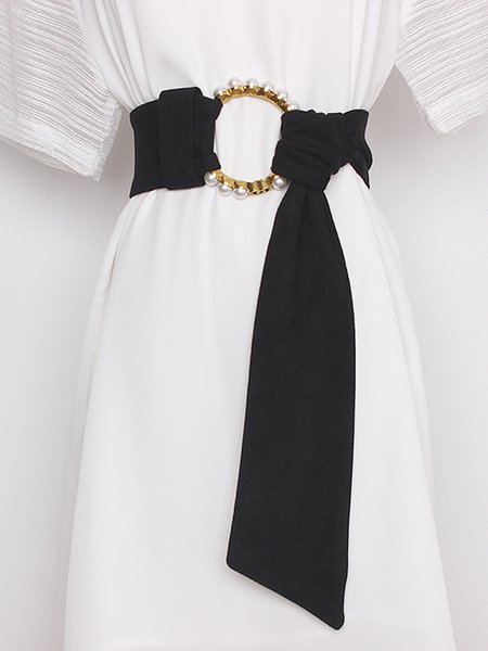 

Elegant Imitation Pearl Metal Ring Plants Printed Knotted Belt, Black, Belts
