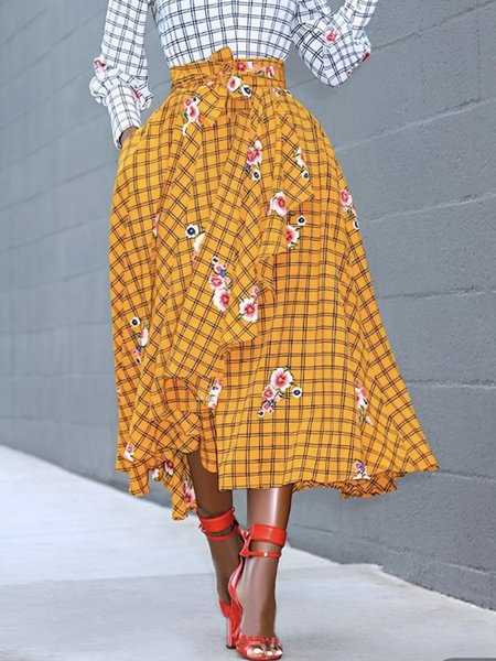 

Pocket Stitching Regular Fit Plaid Urban Skirt, Yellow, Skirts