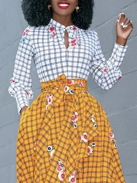 

Plaid Stand Collar Regular Fit Urban Blouse, White, Blouses and Shirts