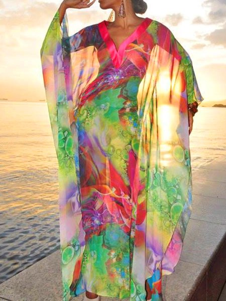 V Neck Abstract Loose Vacation Dress, As picture, Maxi Dresses