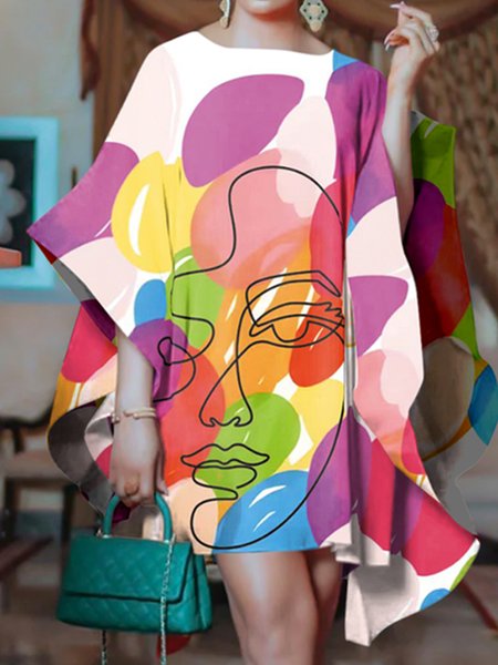 

Crew Neck Urban Loose Abstract Print Dress, White, Midi Dresses