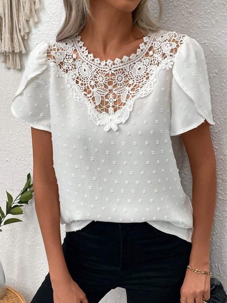 

Crew Neck Short Sleeve Plain Lace Regular Loose Shirt For Women, White, Blouses