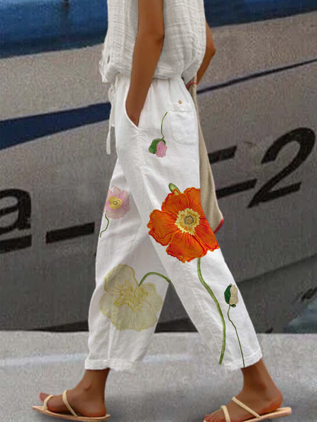 

Loose Casual Floral Linen Pants, White, Pants