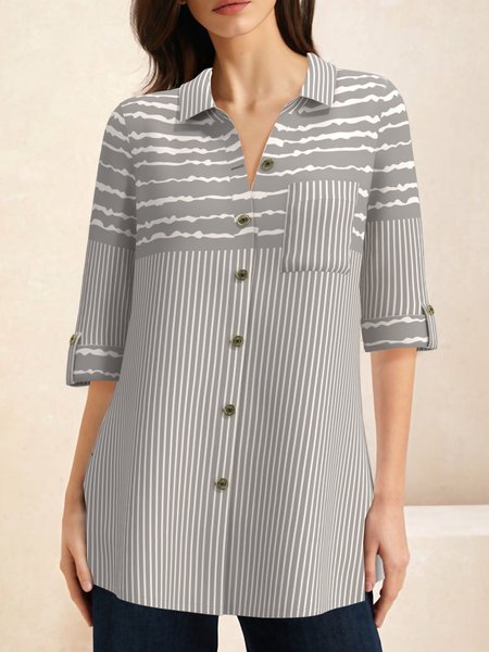 

Shirt Collar Half Sleeve Striped Regular Loose Blouse For Women, Gray, Blouses