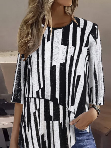 

Crew Neck Half Sleeve Striped Regular High Elasticity Loose Blouse For Women, Black-white, Blouses