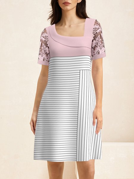 

Women Striped Short Sleeve Comfy Casual Lace Short Dress, Pink, Dresses