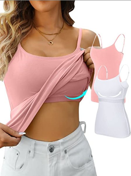 

Casual Comfy Spaghetti Plain Cami Basic Breathable Tank Tops, Pink, Tanks & Camis