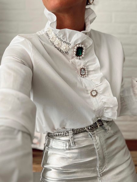 

Lotus Leaf Collar Urban Buttoned Blouse, White, Blouses and Shirts