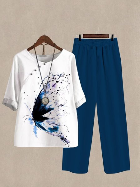 

Butterfly Loose Casual Two-Piece Set, Dark blue, Suits