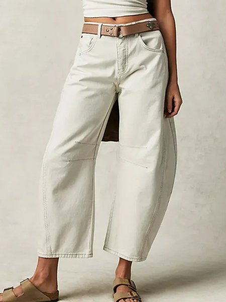 

Pocket Stitching Cotton Casual Plain Pants, Off white, Pants