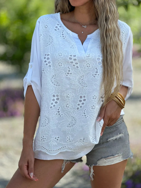 

Plain V Neck Simple Loose Linen Style Blouse, White, Blouses & Shirts
