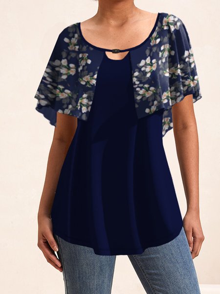 

Crew Neck Batwing Sleeve Short Sleeve Floral Regular Micro-Elasticity Loose Shirt For Women, Deep blue, Blouses