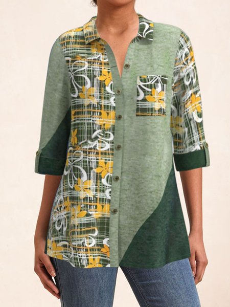 

Shirt Collar Half Sleeve Floral Regular Micro-Elasticity Loose Blouse For Women, Green, Blouses