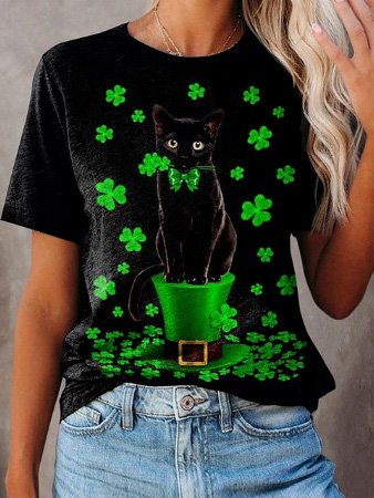 

Loose Four-Leaf Clover Knitted Casual T-Shirt, Black, T-shirts