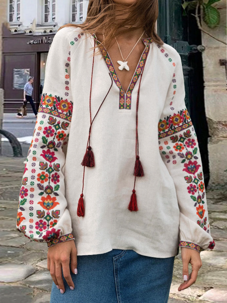 

Color Block Ethnic V Neck Loose Linen Style Blouse, Off white, Blouses & Shirts