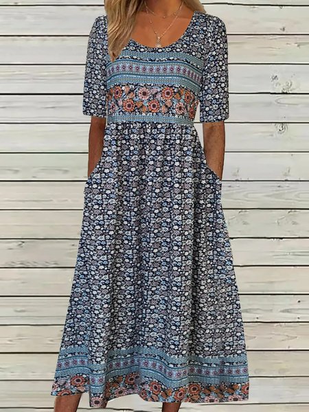 

Loose Floral Elegant Scoop Neck Dress, Dark blue, Dresses