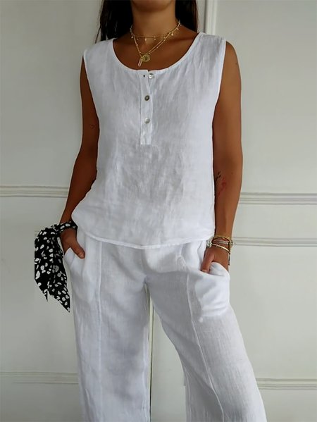 

Loose Plain Buckle Casual Two-Piece Set, White, Suit Set