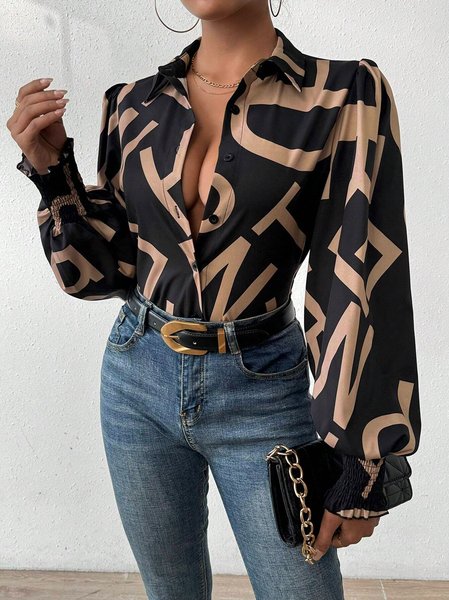 

Shirt Collar Long Sleeve Text Letters Regular Loose Blouse For Women, Black, Blouses