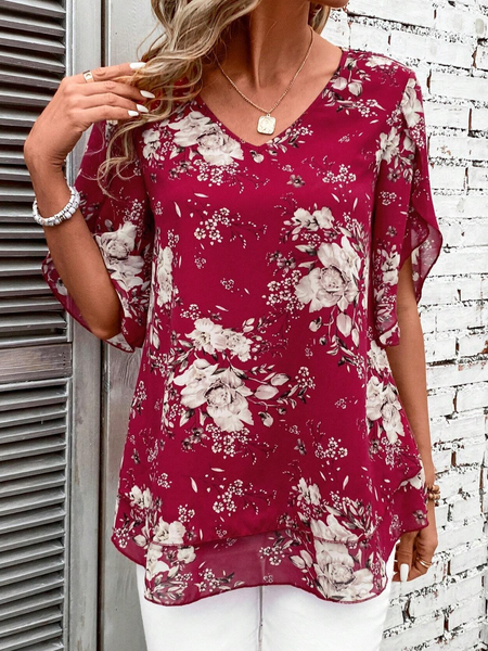 

Loose Floral Casual Crew Neck Shirt, Wine red, Shirts & Blouses