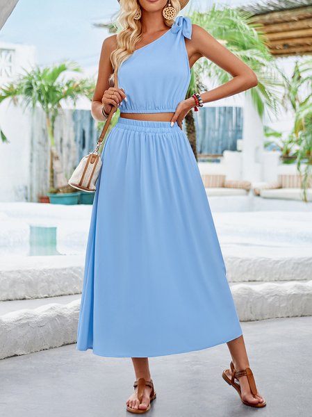 

Women Plain One Shoulder Sleeveless Comfy Casual Top With Skirt Two-Piece Set, Blue, Sets