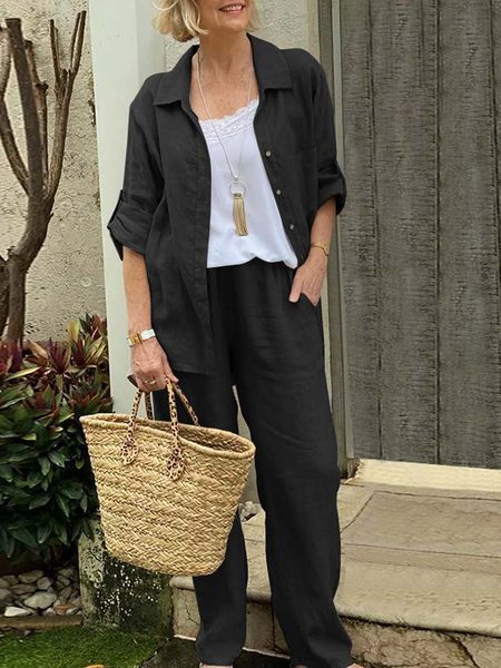 

Women Plain Shirt Collar Long Sleeve Comfy Casual Top With Pants Two-Piece Set, Black, Sets