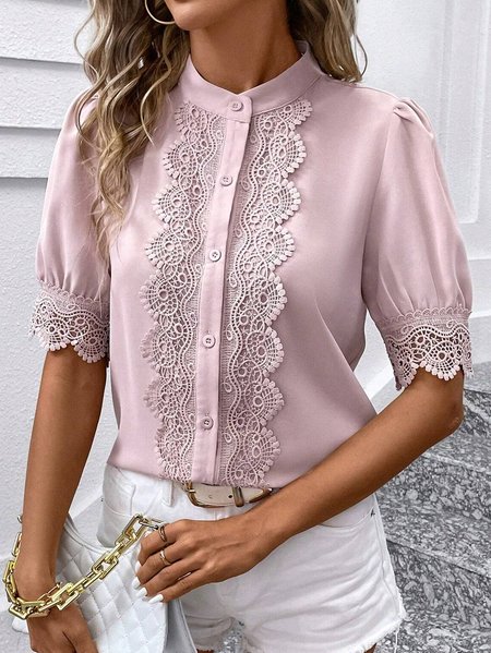 

Stand Collar Short Sleeve Plain Lace Regular Loose Blouse For Women, Pink, Blouses