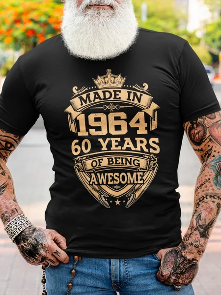 

Cotton Made In 1964 60 Years Of Being Awesome 2024 Loose Text Letters Crew Neck Casual T-Shirt, Black, T-shirts