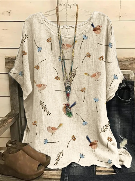 

Casual Floral Loose Crew Neck Shirt, Apricot, Shirts & Blouses