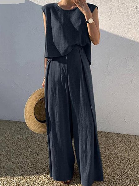 

Women Plain Crew Neck Sleeveless Comfy Casual Top With Pants Two-Piece Set, Navy blue, Sets