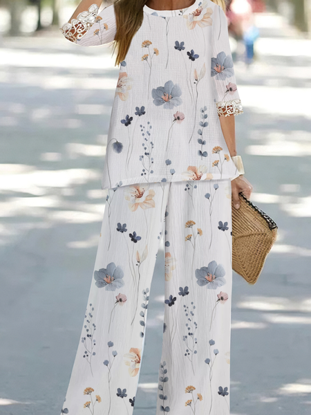

Women Floral Crew Neck Half Sleeve Comfy Casual Lace Edge Top With Pants Two-Piece Set, White, Sets
