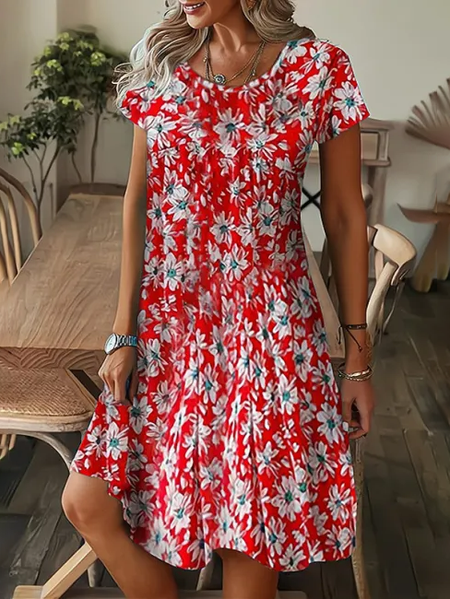 

Casual Loose Floral Crew Neck Dress, Red, Dresses