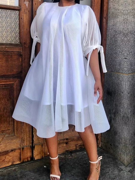 

Elegant Crew Neck Short Sleeve Loose Plain Midi Dress, White, Midi Dresses