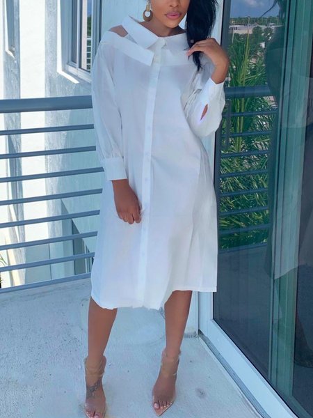 Urban Plain Shirt Collar Midi Dress, White, Midi Dresses