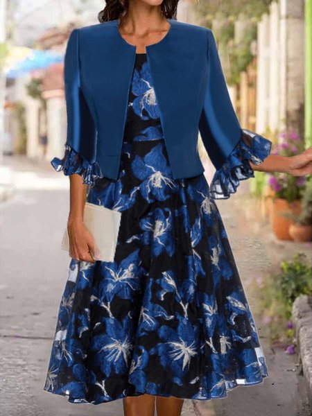 

Regular Fit Elegant Floral Cotton-Blend Two-Piece Set, Deep blue, Suit Set