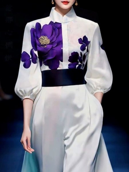 

Floral Stand Collar Urban Regular Fit Blouse, White, Blouses and Shirts