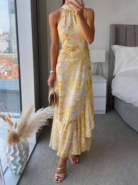 

Urban Crew Neck Loose Floral Dress, As picture, Maxi Dresses
