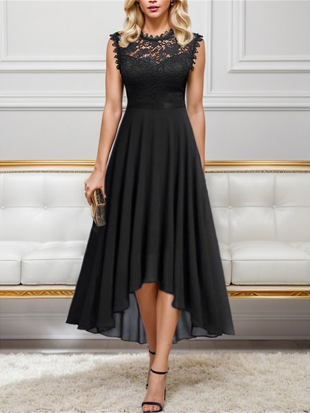 

Lace Plain Elegant Dress, Black, Dresses