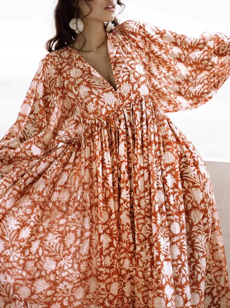 

Women Floral V Neck Half Sleeve Comfy Boho Midi Dress, Orange, Dresses