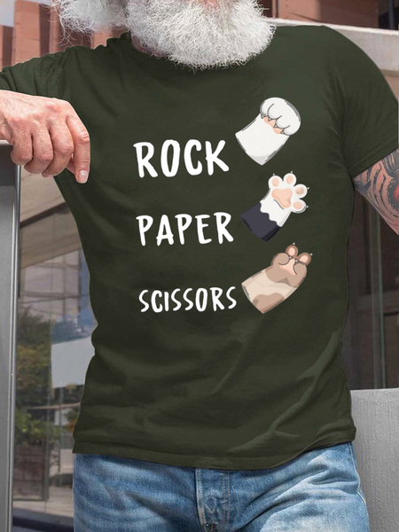 

Cotton Rock Paper Scissors Cat Loose Crew Neck Casual T-Shirt, Green, T-shirts