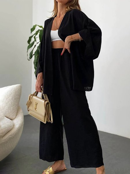 

Women Plain Long Sleeve Comfy Casual Top With Pants Two-Piece Set, Black, Sets