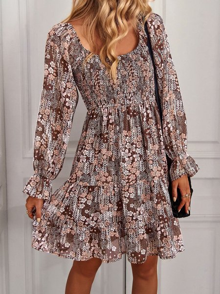 

Women Small Floral Crew Neck Long Sleeve Comfy Casual Short Dress, Brown, Dresses