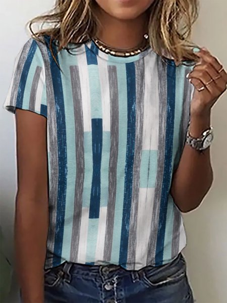 

Striped Casual Loose T-Shirt, Light blue, T-Shirts