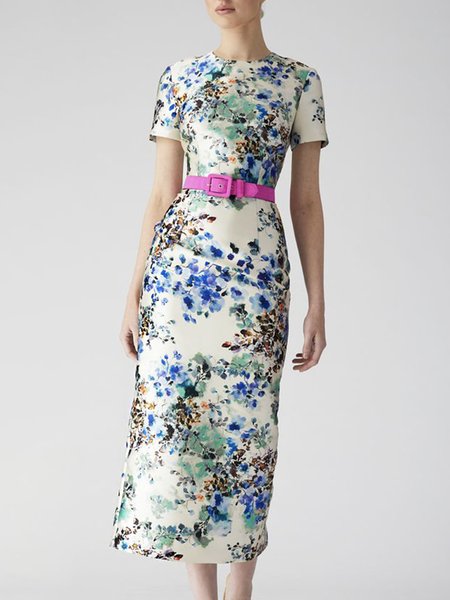 

Floral Regular Fit Crew Neck Elegant Dress, As picture, Midi Dresses