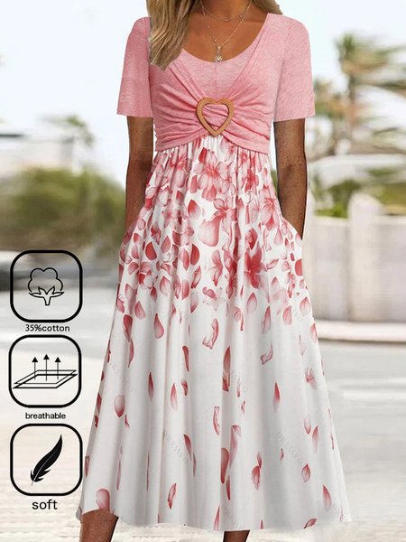 

Women's Short Sleeve Summer Floral Buckle Dress Crew Neck Daily Going Out Casual Midi A-Line T-Shirt Dress, Pink, Dresses