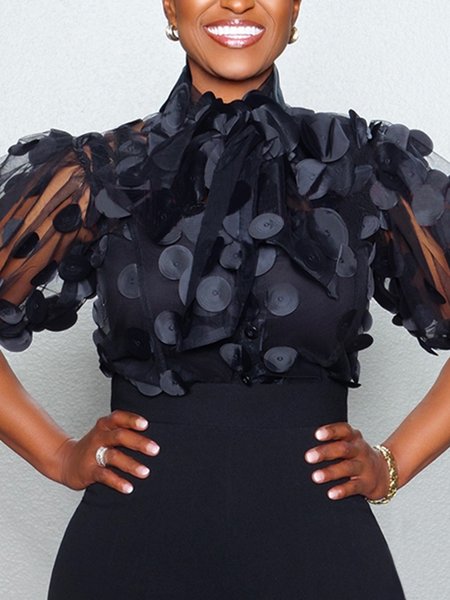 

Stand Collar Elegant Short Sleeve Plain Regular Fit Shirt, Black, Blouses and Shirts