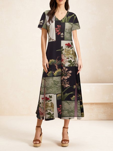 

Women Floral V Neck Half Sleeve Comfy Casual Maxi Dress, Black, Dresses