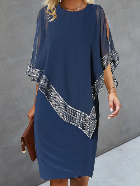 

Women Plain Crew Neck Cap Sleeve Comfy Casual Short Dress, Blue, Dresses