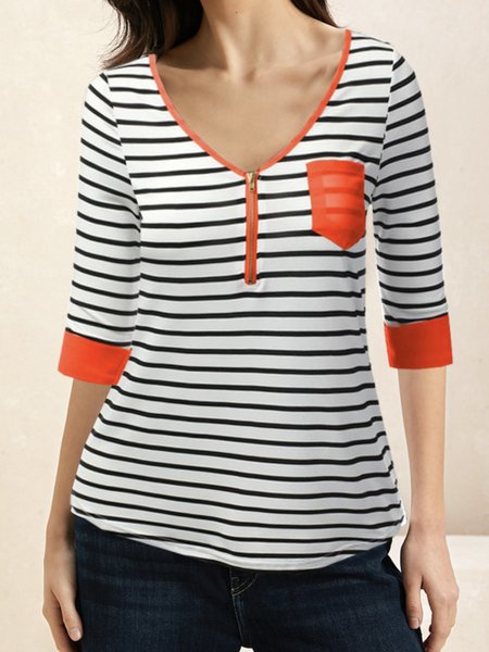 

V Neck Half Sleeve Striped Regular Micro-Elasticity Loose Blouse For Women, Multicolor, Blouses