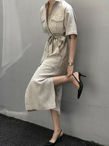 

Loose Shirt Collar Short Sleeve Urban Dress With Belt, As picture, Midi Dresses