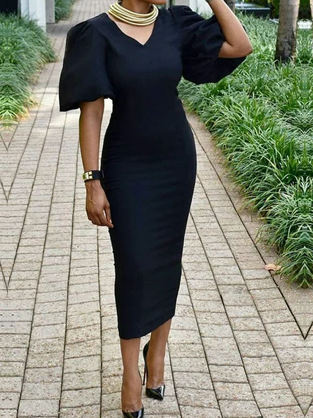

Medium Elasticity V Neck Short Sleeve Tight Elegant Maxi Dress, Black, Midi Dresses